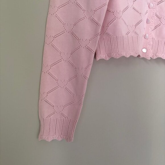 NWT LoveShackFancy Petra Knit Pointelle Heart Argyle Cardigan Velour Pink | S - Picture 7 of 11